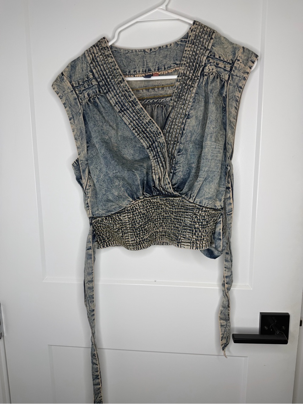Anthropologie Pilcro Washed Denim-Effect Cropped Tie-Waist Top - Blue